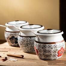 Borcan ceramic cu untură de porc, sticlă de condimente ceramice în stil tradițional chinezesc japonez, cu capac, lingură, recipient de condimente rezistent la temperaturi ridicate, accesorii de bucătărie, consumabile pentru petreceri de Crăciun, cină în familie