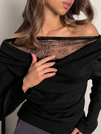 Damen Lässiges, modisches schwarzes Top mit Rundhalsausschnitt und figurbetonter Passform, Herbst/Winter