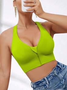 Sujetador deportivo sin costuras y con cremallera frontal de alta intensidad para mujer, adecuado para primavera, verano, otoño e invierno - Verde - Ver 9