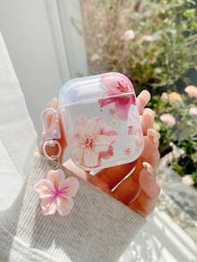 Lily Flower Earphone Case Cherry Blossom & Peach Flower Earphone Case Transparent Earphone Case With 1 Pink Flower Lanyard, Compatible With AirPods Pro (2nd Generation), 3, Pro, 1/2, 4