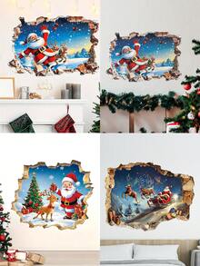1 pieza Clásico Papá Noel y Renos Pegatina de pared 3D, Pegatina de pared de Navidad de plástico autoadhesiva para sala de estar, dormitorio y entrada, decoración navideña para el hogar, pegatinas de pared, decoración de habitación, decoración de dormitorio, decoración de cocina - Multicolor - Ver 1