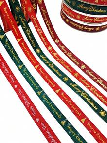 1cm*25yards Christmas Ribbon, Burgundy & Dark Green Polyester Satin Ribbon, Holiday Atmosphere Ribbon With Snowflake & Christmas Tree Pattern, Suitable For Gift Wrapping, Party Decoration, Bow Making, Sewing And Crafting Printed Fabric