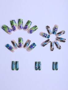 24 piezas de uñas acrílicas postizas cuadradas largas con estampados de flores azules y verdes y rayas, aptas para mujeres y niñas, uñas francesas falsas imprescindibles para uso diario en la oficina o salón de belleza, con 1 pieza de pegamento de gelatina y 1 tira de lijado