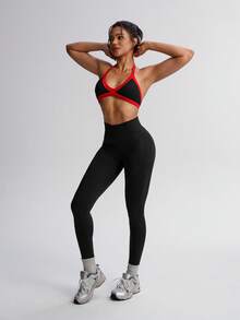 TCVC 女士撞色高弹力透视运动文胸+紧身裤两件套，露背挂脖运动文胸，高腰收腹提臀纯色紧身裤，适合跑步、瑜伽、健身、户外、休闲等场合，黑色 - 黑色 - 查看 5