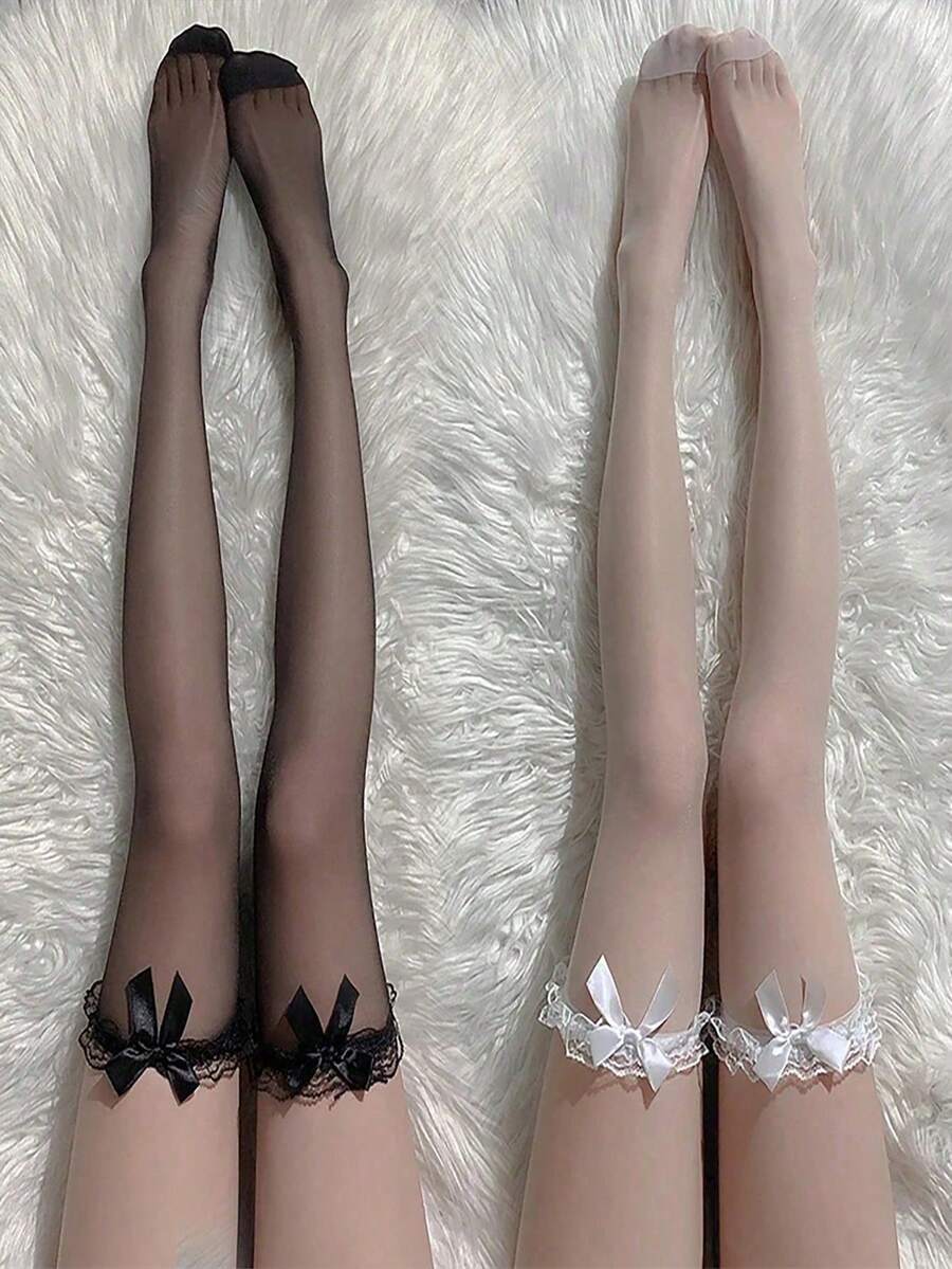 Black White Sexy Overknee Long Socks. Women Sweet Girls Lolita Bowknot .Thigh High Gothic Punk Lace Mesh Legging.A Great Christmas Gift For Friends Or Lovers, Cozy Socks - Black - View 1