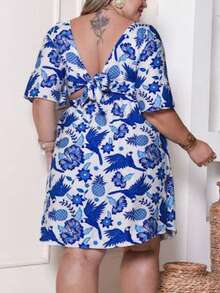 Women's Plus Size Printed Short Midi Dress - Azul EST - Ver 1