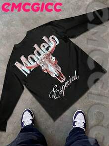 EMCGICC Manfinity Y2k Long Sleeve Shirts ,Graphic T Shirt Cotton 250g,Fashionable Hip-Hop For Men -  Long Sleeve T-Shirts, Funny Vintage Shirts,Regular Fit, Street Style, Digital Print,  Ideal Gift - 黑色 - 查看 2