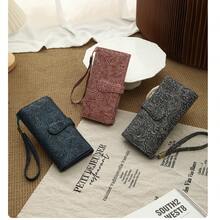 Billetera larga RFID, billetera plegable en tres partes, billetera de piel sintética estampada con múltiples ranuras para tarjetas, correa de muñeca que cabe en el teléfono