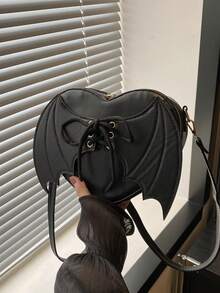 纯色蝙蝠简约纹理新款时尚设计国外风格个性化爱心单肩斜挎女包，情人节 - 黑色 - 查看 1