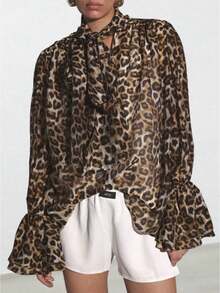 Fall/Winter Loose Frill-Ed Lace Button-Down Leopard Print Silk Blouse For Women - 駝色 - 查看 1