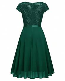 Sequin Lace Ruffle Trim Dark Green Chiffon Flowing Cocktail Party Swing Dress, Pleated Hem For Wedding Guest, Birthday, Homecoming - 墨綠色 - 查看 8