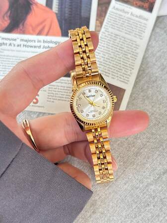 sottas New Stylish Women's Gold Steel Band Waterproof Watch, Korean Fashion Minimalist Luxury Casual Quartz Wristwatch