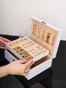 Dwuwarstwowa szkatułka na biżuterię dla kobiet i dziewcząt, organizer na biżuterię ze skóry PU z zamkiem, wyjmowana tacka, stojak na biżuterię na naszyjniki, kolczyki, bransoletki, pierścionki, zegarki