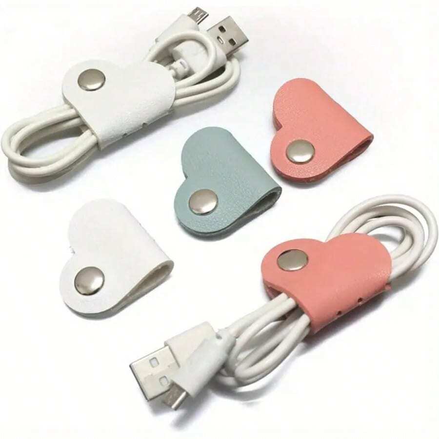 Minimalist Solid Color Heart-Shaped Leather Cable Organizer, Data Storage Anti-Lost Cord Tie Holder (Random Color)