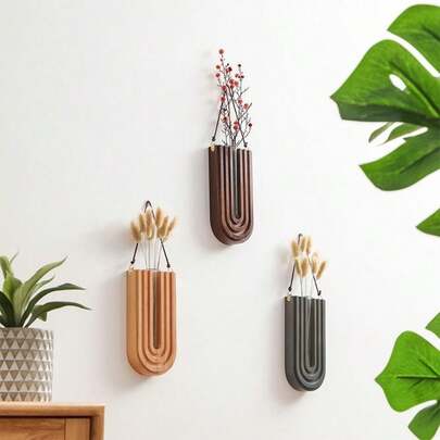 Jarrón de pared para flores artificiales, jarrón de bolsillo de madera con estilo pastoril para decoración del hogar, soporte para plantas, decoración de sala de estar, jarrón de vidrio