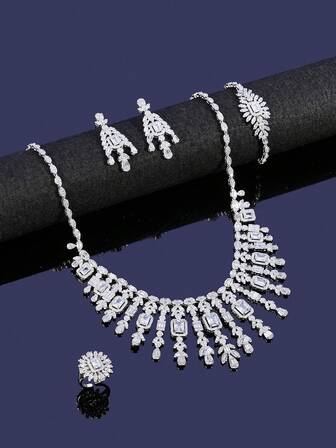 5Pieces/Set Luxury Shiny Cubic Zirconia Squre Stone Big Tassel Water Drop Women Wedding Party Costume Jewelry Set For Bridal