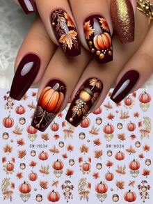 Luxury Maple Leaf Pumpkin Nail Art Stickers 2PCS Pine Nuts Autumn Decals Fall Nail Art Designs Self Adhesive 3D Manicure Foils Nail Decoration DIY Supplies For Women Girl Autumn Nails - 彩色 - 查看 2