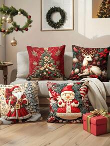 4pcs/1pc Bright Red Christmas Holiday Pillow Cover - Santa Claus, Reindeer, Christmas Tree And Holiday Decorations Design, 18x18 Inches | Zipper Closure | Bright Color Polyester Material | For Living Room, Room Decoration, Sofa And Bedroom (Filling Not Included) Great For Christmas Decorations, Christmas Party, Bedroom Decor, Home Decor