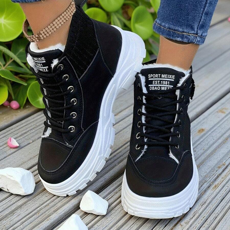 Women's Fashion Winter 2025 Flat Ankle Boots - Synthetic Leather, Fleece Knit Collar, Thick Sole, Elevated, Round Toe, PVC Outsole, Comfortable Street Style, Perfect For Student Looks - 黑色 - 查看 1