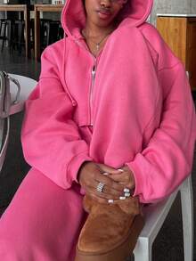 女士休闲纯色连帽卫衣和运动裤两件套，秋冬季