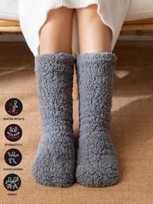 1pair Coral Fleece Socks, Anti-Slip Indoor Slippers For Men & Women, Warm & Plush For Autumn And Winter