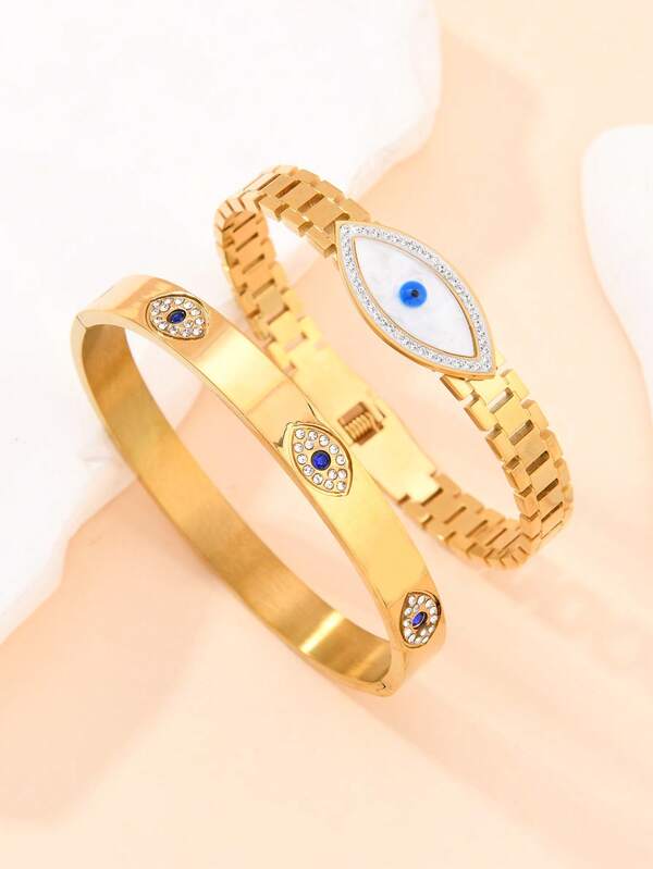 Conjunto de 2 peças/conjunto de pulseiras com pingentes de olho de diabo em aço inoxidável estilo gótico vintage ocidental, conjuntos de joias empilháveis para mulheres