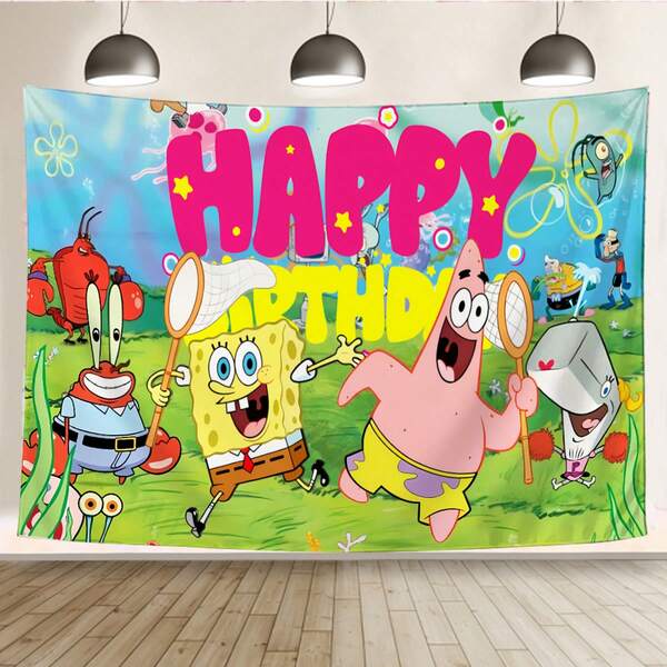 SPONGEBOB Toile de fond thématique Bob l'éponge - Thème d'anniversaire. Tissu décoratif. Les personnages représentés incluent Bob l'éponge, Patrick l'étoile de mer, M. Krabs, Squidward, Sandy et la plage des pirates, tous des personnages classiques de la série animée Bob l'éponge. Ils tiennent des filets de pêche et courent à travers une prairie sous-marine.
