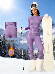 NcmRyu 1 Conjunto de Top de manga larga y pantalones largos térmicos elásticos acanalados para mujer, traje deportivo y de esquí - Morado - Ver 1