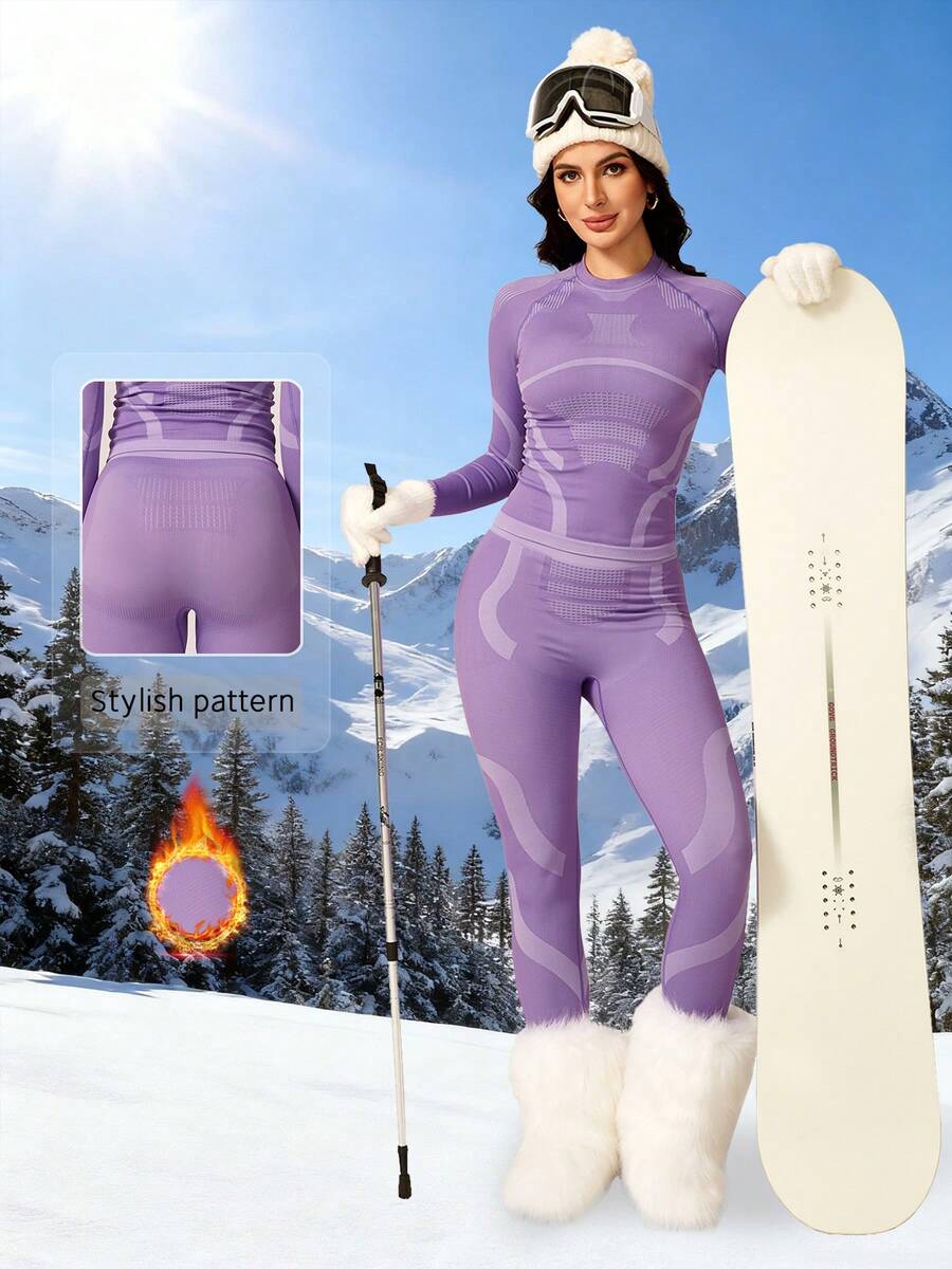 NcmRyu 1 Conjunto de Top de manga larga y pantalones largos térmicos elásticos acanalados para mujer, traje deportivo y de esquí - Morado - Ver 1