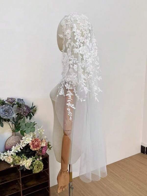 1pc Short Bride Wedding Headpiece, Leaf & Lace Design Single Layer Church Veil, Wedding Headpiece