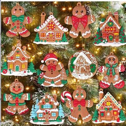 Ensemble de 12 décorations de Noël en pain d'épices en bois, parfait pour décorer les sapins de Noël et les maisons en pain d'épices. Idéal pour Noël, le Nouvel An chinois et autres occasions festives, ainsi que pour la décoration d'intérieur en général.
