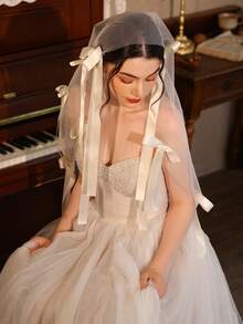 1pc Elegant Butterfly Veil With Long Ribbons, French Retro Bridal Headpiece, Wedding Dress Accessory (Includes 1 Pair Hair Clips)