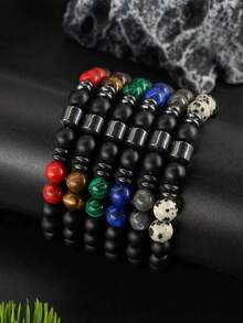 Men's Fashionable Hematite Protection Bead Bracelet, Lapis Lazuli & Tiger's Eye & Malachite Healing Confidence Jewelry, Halloween Gift, Christmas Gifts For Father, Husband, Son