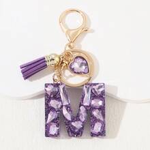 1pc Women's Fashion Purple Shiny Heart-Shaped Rhinestone 26 English Letter Keychain, Resin Drip Glue Rhinestone Initial Key Chain, Suitable As Gift For Friends, Students, Women, Cute Bag Charm, Car Key Accessory, Valentine's Day, Mother's Day Gift Christmas Bag Charms Car Accessories Teacher Sister Gift Ideas