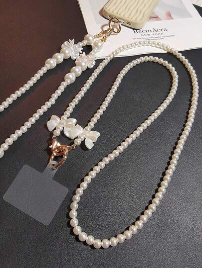 1pc Pearl Bow Phone Lanyard, Women Crossbody Long Strap, High-End Fashion Pearl Chain, Phone Case Holder With Clip