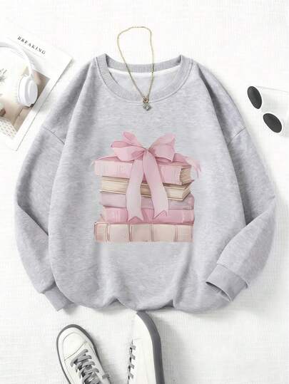 Söt rundhalsad tröja med bok- och rosetttryck för tweenflickor – tillbaka till skolan – mjuk, maskintvättbar, mångsidig – höst- och vinterkläder för vardagsbruk (nytt höstmode, Halloween)