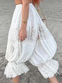 Women Y2k Lace Trim Long Bloomers Mid Rise Elastic Waist Ruffle Pettipants Pantaloons Pajame Pants Cropped Flared Slips Pants Streetwear - 白色 - 查看 6