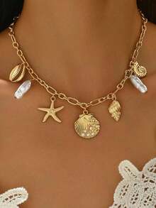 1pc Fashionable Faux Pearl, Seashell, Starfish Metal Pendant Necklace, Women Ocean Vibe Jewelry Suitable For Daily Wear, Beach Vacation, Music Festival, Party Decoration, Holiday Gift - 彩色 - 查看 6