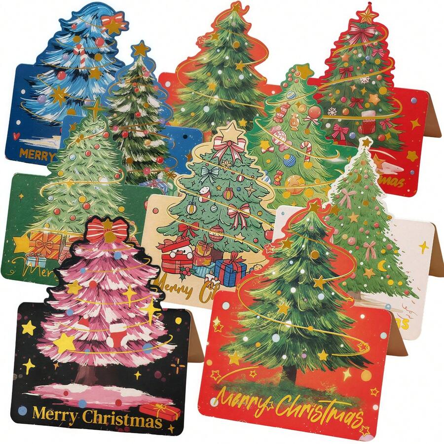 10pcs/Pack Ins Style Foil Stamping Christmas Greeting Cards (Includes 3D Christmas Tree Pattern) - Handwritten Blessing Cards For Christmas Eve, Creative Folding Small Gifts, Holiday Party Decor, Quality Paper Cards, Retro Style (Random Assortment) - Multicolor - View 1