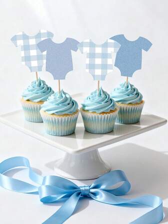 Decoraciones de fiesta con tema de cuadros azules: Toppers de magdalenas con body azul y "Feliz cumpleaños", decoraciones para pastel de baby shower, decoraciones para magdalenas, suministros para decorar pasteles y fiestas para niños y niñas (con palitos y pegamento)