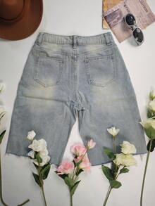 Women's Casual Denim Shorts With Beaded Pockets And Straight Leg Design, Suitable For Halloween Party - Blue - View 9