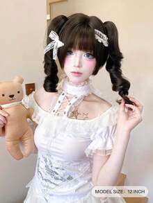 alicegarden 1 Piece Of Synthetic Heat-Resistant Curly Hair, Black Curly Hair Wig, Double Ponytail, With Bangs Style, 12 Feet Long, Made Of Fiber, Suitable For Daily Use, Natural And Realistic Wig. - Black - View 4