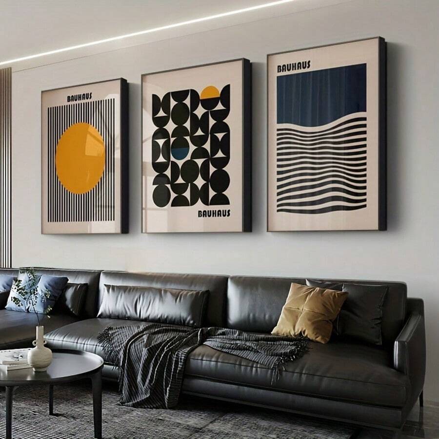 Affiches géométriques de style Art déco - Ensemble de 3 impressions murales sur canevas minimalistes de style Bauhaus pour la maison, le bureau, le salon, la chambre à coucher - Thème mode, décoration murale d'intérieur, orientation portrait, sans cadre - Idéal pour les amateurs d'art et la décoration contemporaine du foyer - Sans cadre - 3 pièces/ensemble - Voir 1