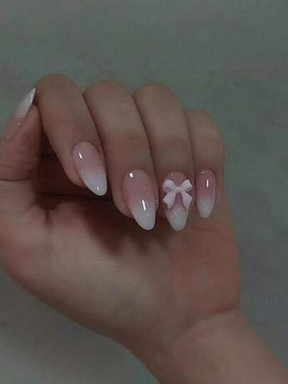 24pc Medium Almond Press On Nails Gradient Nails Sweet Style Glossy Finish For Women Girls Daily Wear Summer Nails Art