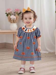 Little Girl Halloween Plaid Dress Pumpkin Letter Ric Rac Trim Short Sleeve A-Line Dress Cute Fall Clothes