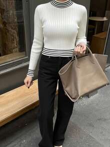 Sueter mujer cuello alto rayas finas contraste horizontales bicolor ajustado tejido de punto corte recto manga larga casual moderno excelente calidad suave transpirable ideal clima templado fresco elegante resalta  figura basico  otoño invierno primavera colores neutros femenino diario - Blanco - Ver 4