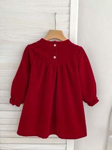 Christmas Velvet Shirred Dress With Embroidered Bow, Long Sleeve, Red, Princess Style, Autumn/Winter - Red - View 3