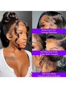 ZHENDEFA 360 度蕾丝前发假发 真人发 隐形绑带 波浪卷发 高清蕾丝前发假发 真人发 预拔 抽绳 360 度前额无胶假发 女士 180 度密度全蕾丝假发 - 黑色 - 查看 3