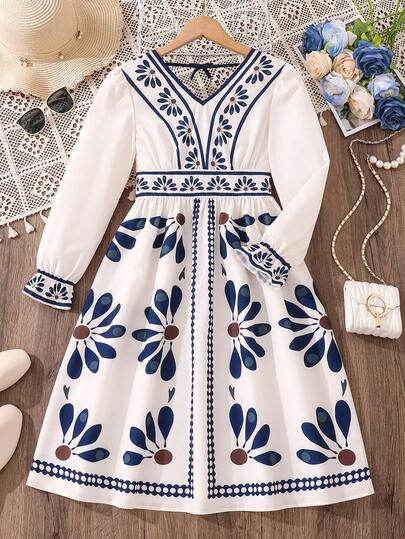 Left Mama Rochie elegantă cu mânecă lungă și imprimeu floral pentru fete, albă, primăvară/toamnă