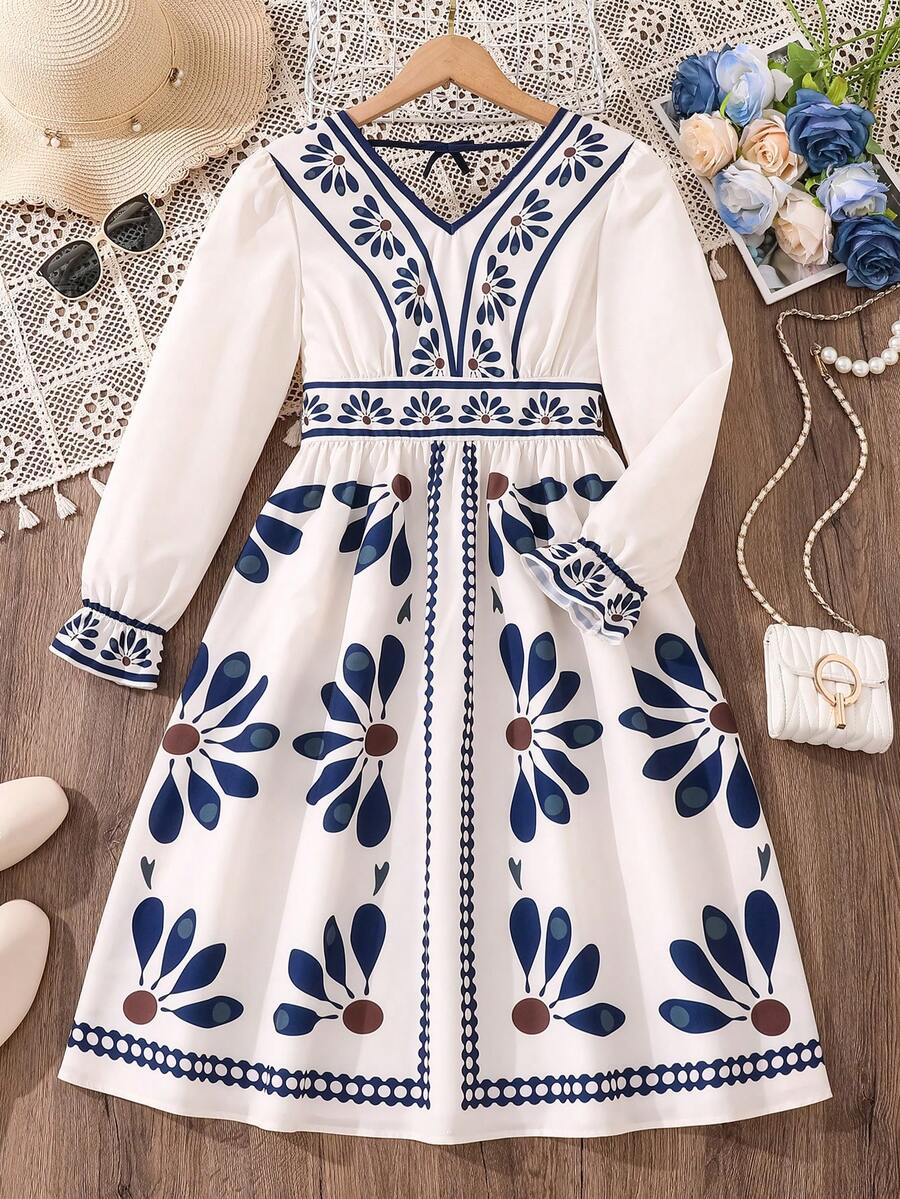 Left Mama Girls Elegant Floral Print Long Sleeve White Dress, Spring/Autumn - White - View 1